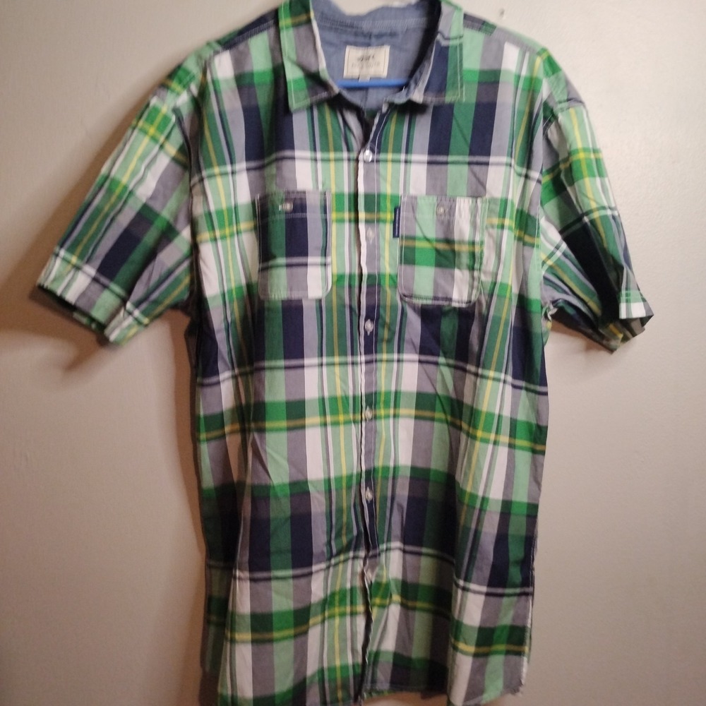 Ecko Unltd. Men's L Green Blue Plaid Cotton Short Sleeve Button-Up Shirt